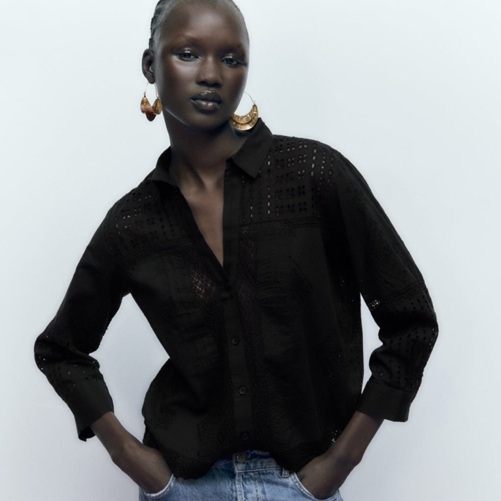 Zara Black Button-Down Eyelet Blouse